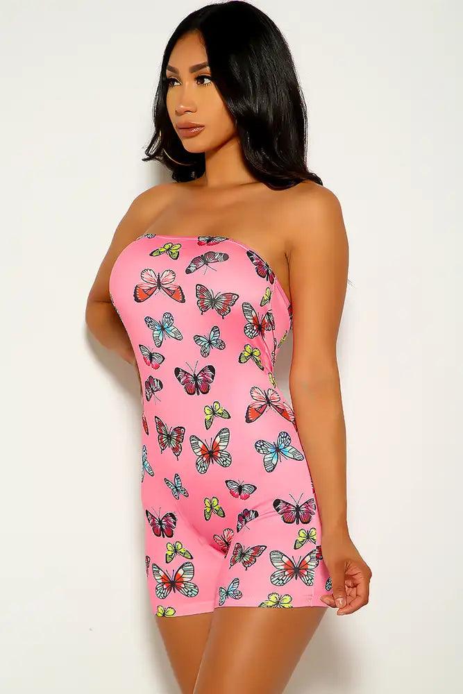 Fuchsia Butterfly Print Strapless Romper - AMIClubwear