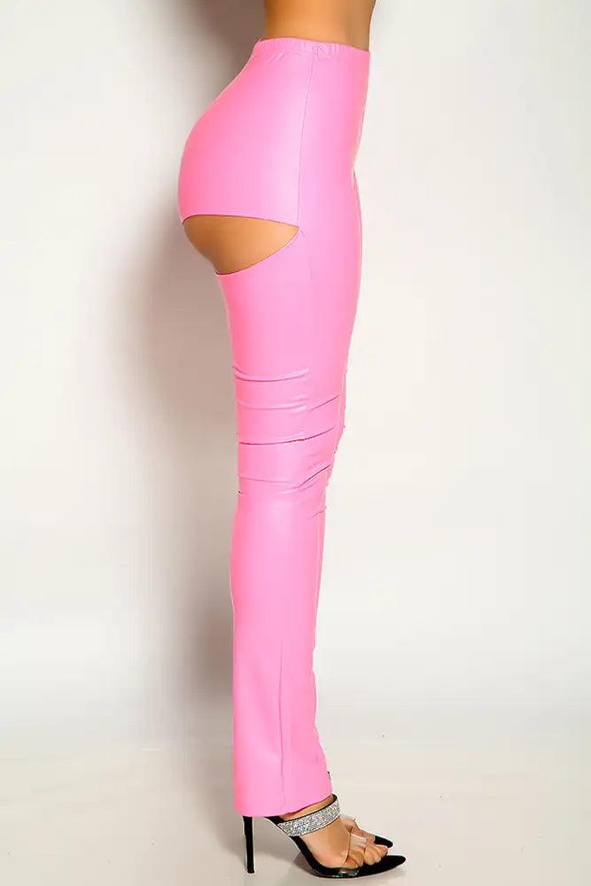 Fuchsia Cut Out Faux Leather Cut Out Pants - AMIClubwear