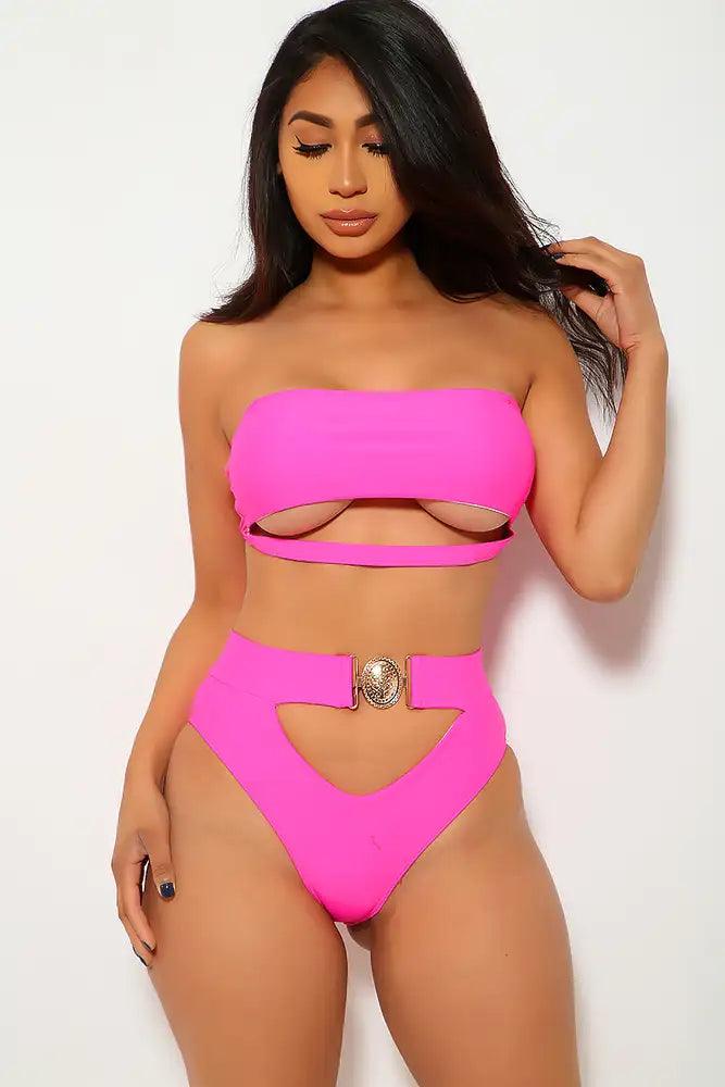 Fuchsia Cut Out Padded Two Piece Swimsuit - AMIClubwear