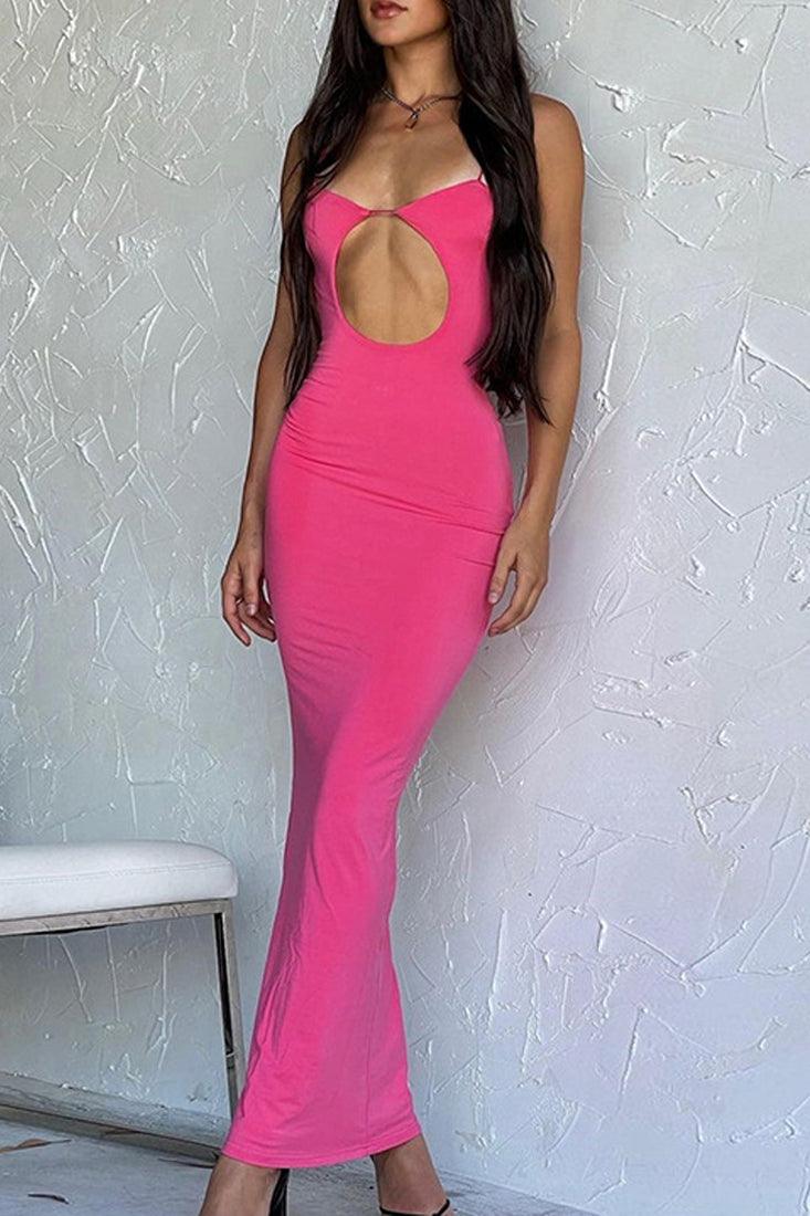 Fuchsia Cut Out Sleeveless Back Strappy Maxi Sexy Party Dress - AMIClubwear