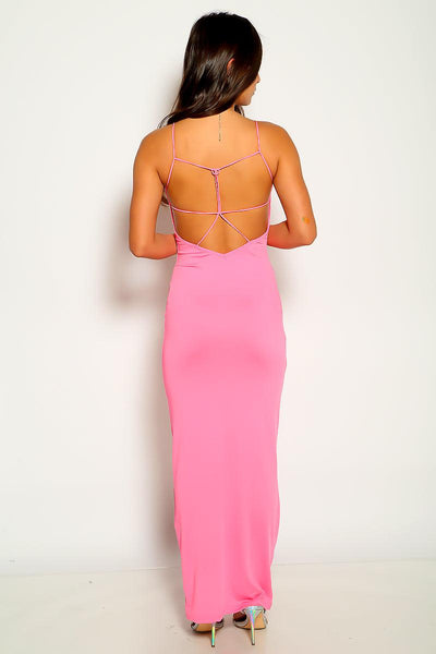 Fuchsia Cut Out Sleeveless Back Strappy Maxi Sexy Party Dress - AMIClubwear