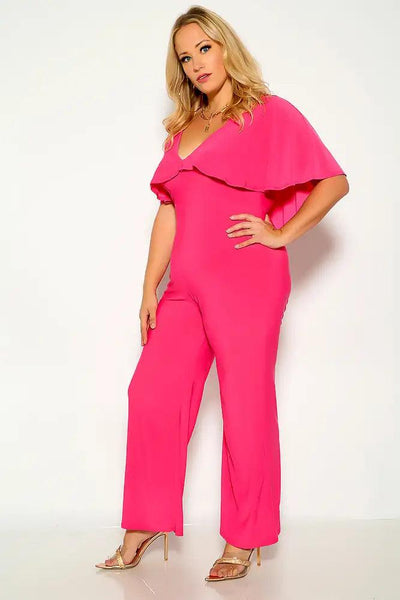 Fuchsia Draped Flared Dressy Plus Size Jumpsuit - AMIClubwear