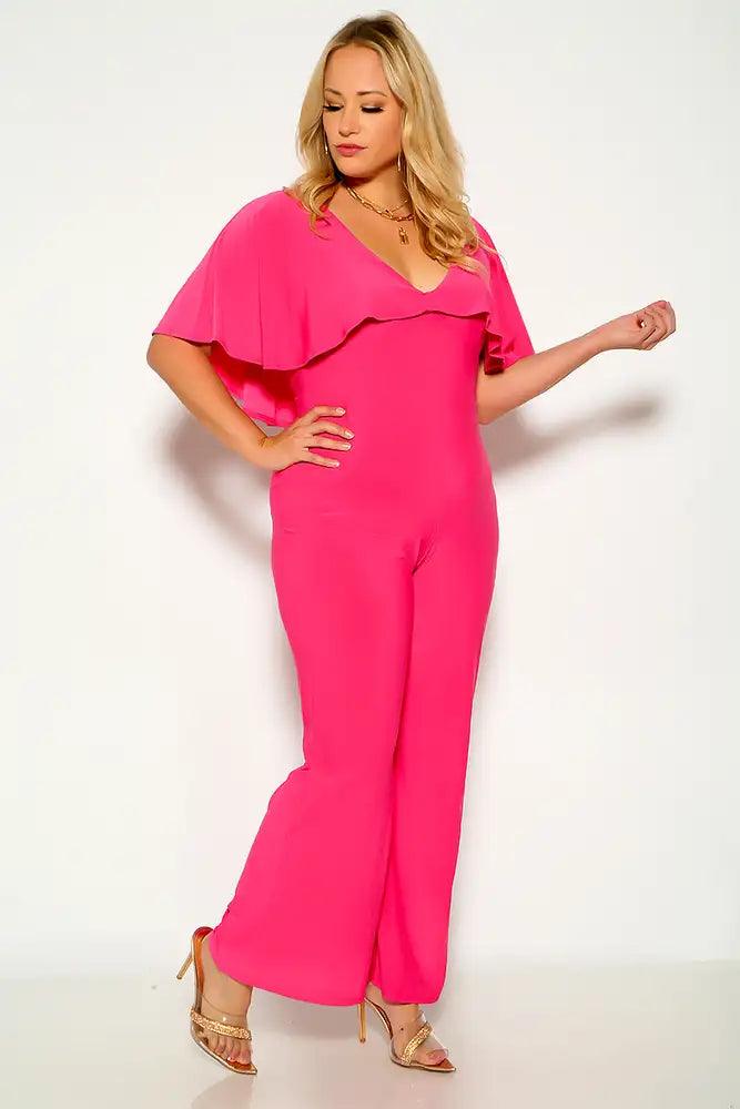 Fuchsia Draped Flared Dressy Plus Size Jumpsuit - AMIClubwear