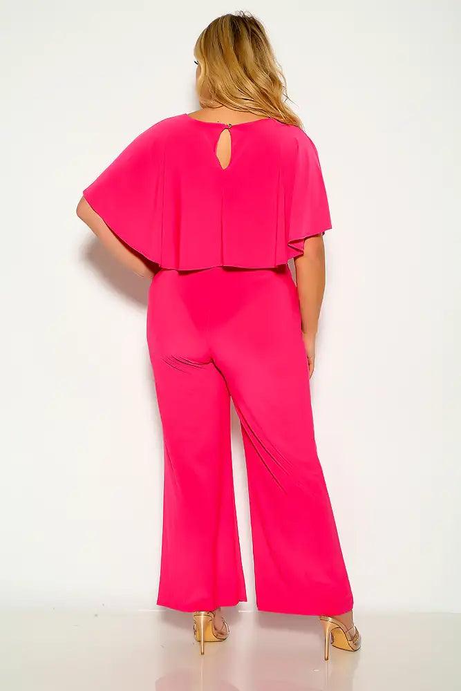 Fuchsia Draped Flared Dressy Plus Size Jumpsuit - AMIClubwear