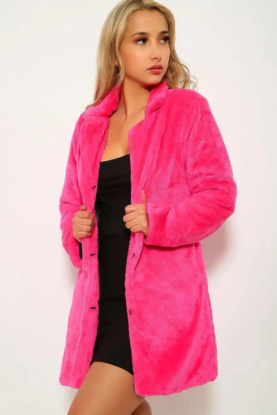 Fuchsia Faux Fur Long Sleeve Coat - AMIClubwear