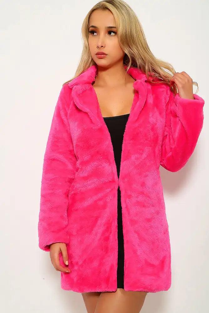 Fuchsia Faux Fur Long Sleeve Coat - AMIClubwear