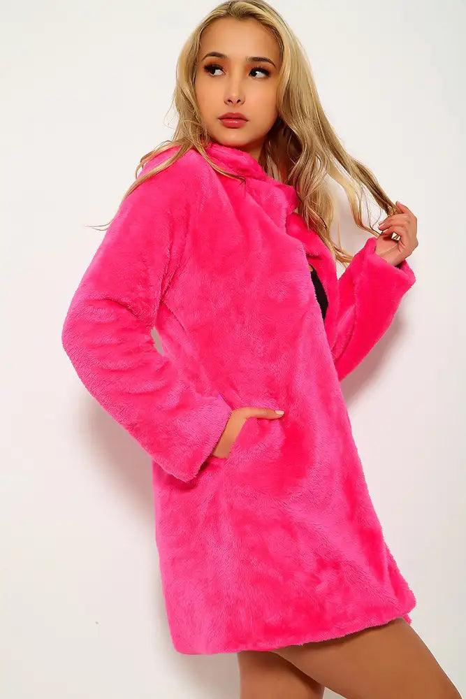 Fuchsia Faux Fur Long Sleeve Coat - AMIClubwear