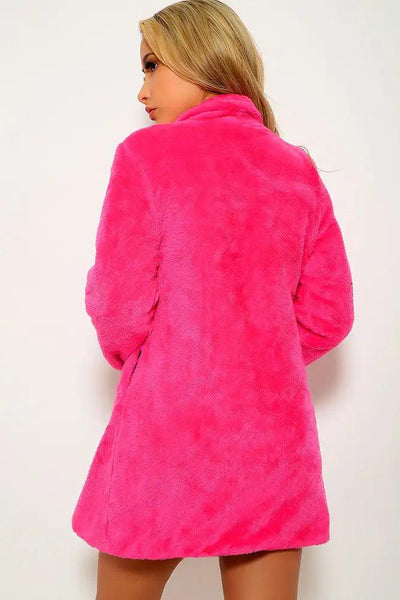 Fuchsia Faux Fur Long Sleeve Coat - AMIClubwear