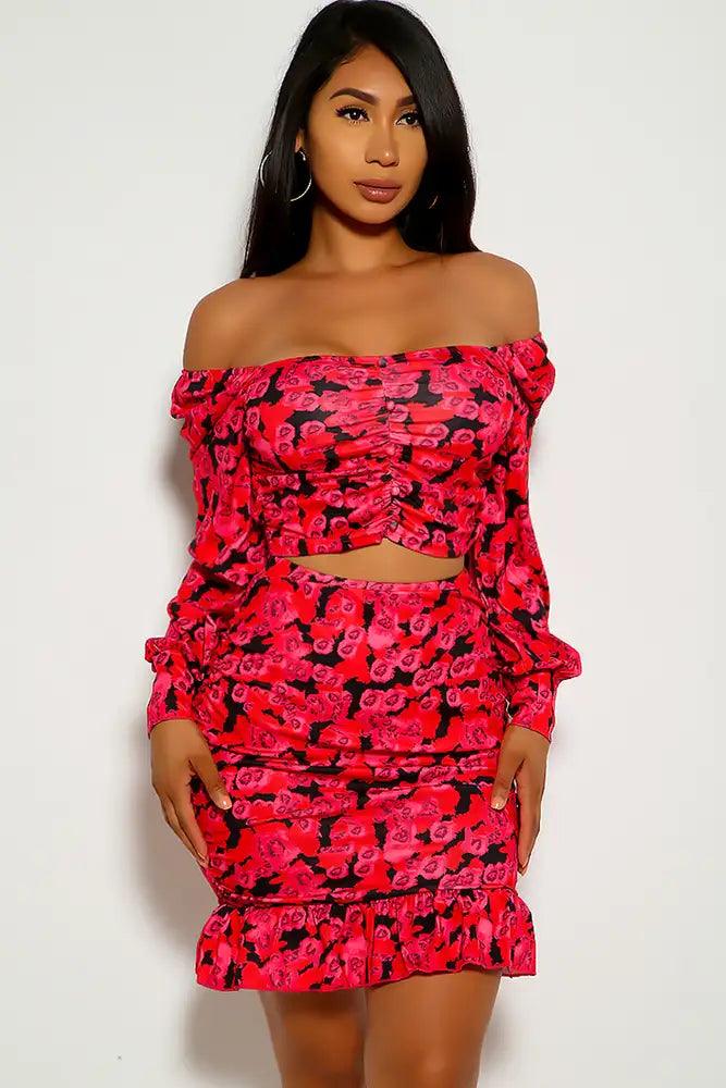 Fuchsia Floral Print Off the shoulder Two Piece Dress - AMIClubwear