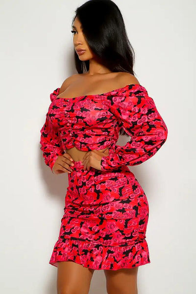 Fuchsia Floral Print Off the shoulder Two Piece Dress - AMIClubwear