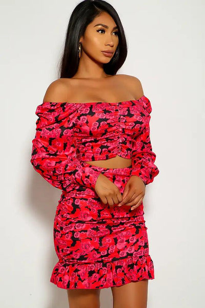 Fuchsia Floral Print Off the shoulder Two Piece Dress - AMIClubwear