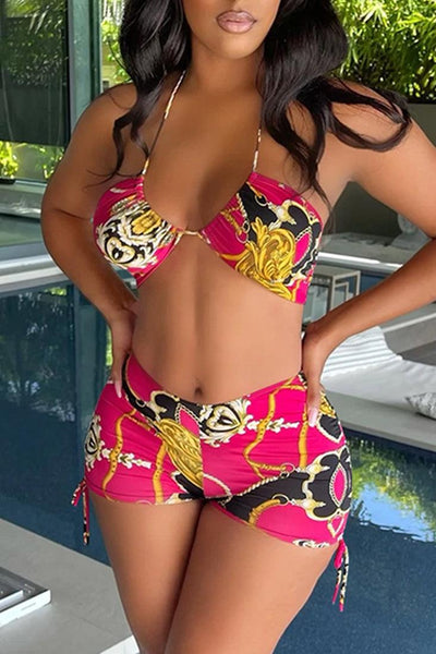 Fuchsia Gold Chain Printed Halter Two Piece Outfit - AMIClubwear