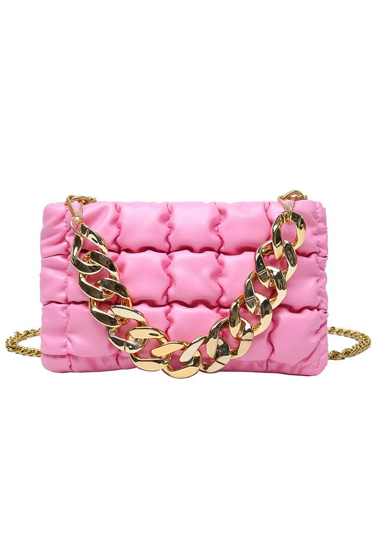 Fuchsia Gold Quilted Chain Straps Handbag - AMIClubwear