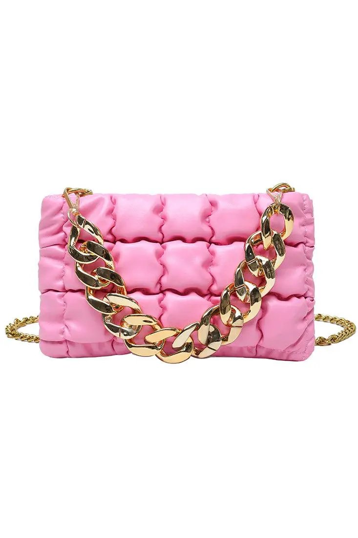 Fuchsia Gold Quilted Chain Straps Handbag