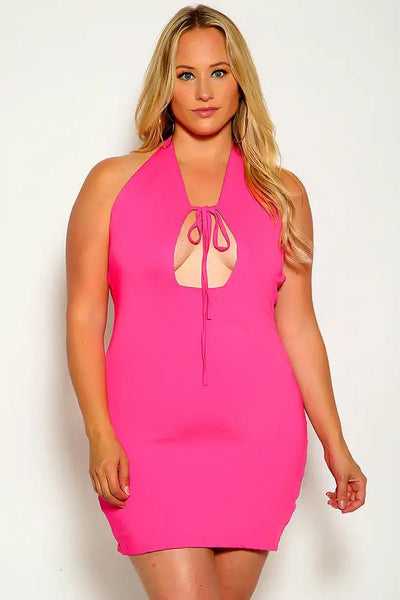 Fuchsia Halter Front Tie Sexy Party Dress - AMIClubwear