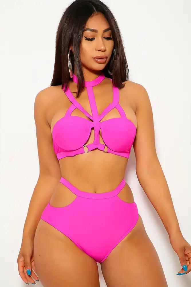 Fuchsia High Waist Bandage Swimsuit - AMIClubwear