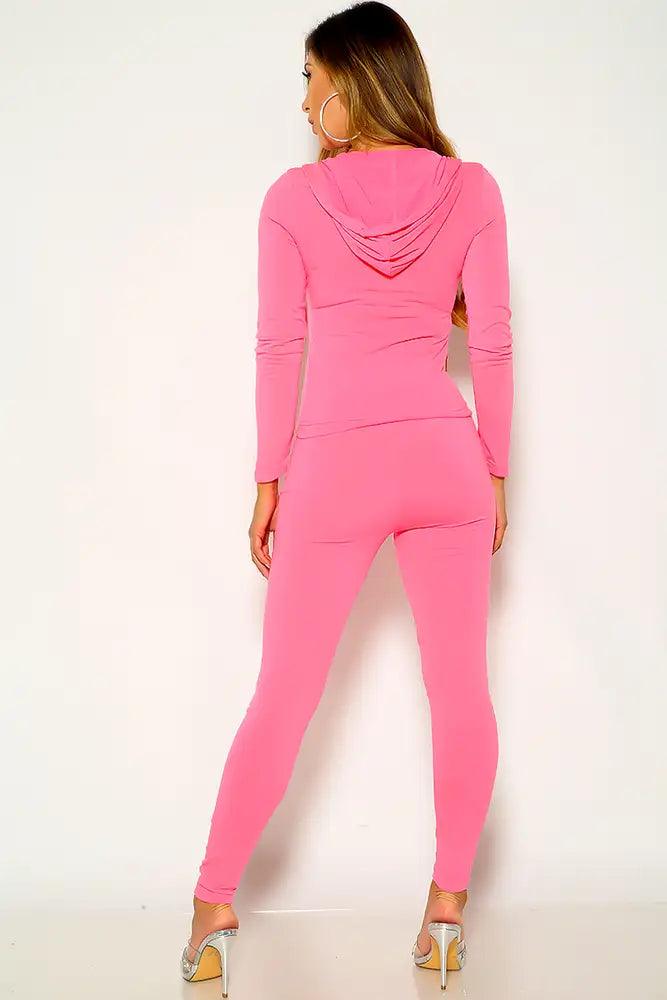 Fuchsia Hooded Front Zipper Lounge Two Piece Outfit - AMIClubwear