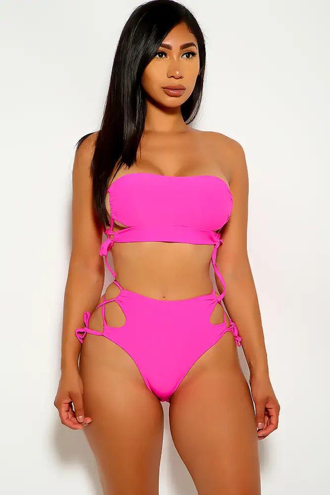 Fuchsia Lace Up Two Piece Swimsuit - AMIClubwear