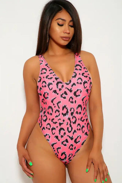 Fuchsia Leopard Print One Piece Swimsuit - AMIClubwear