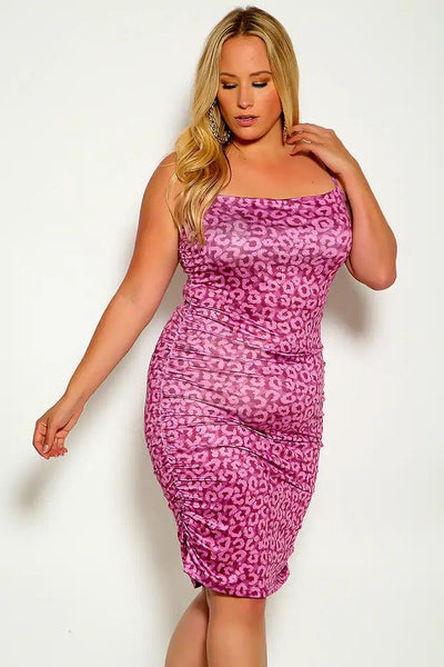 Fuchsia Leopard Print Sleeveless Plus Size Party Dress - AMIClubwear