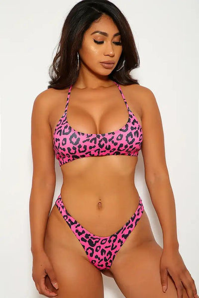 Fuchsia Leopard Print Two Piece Swimsuit - AMIClubwear