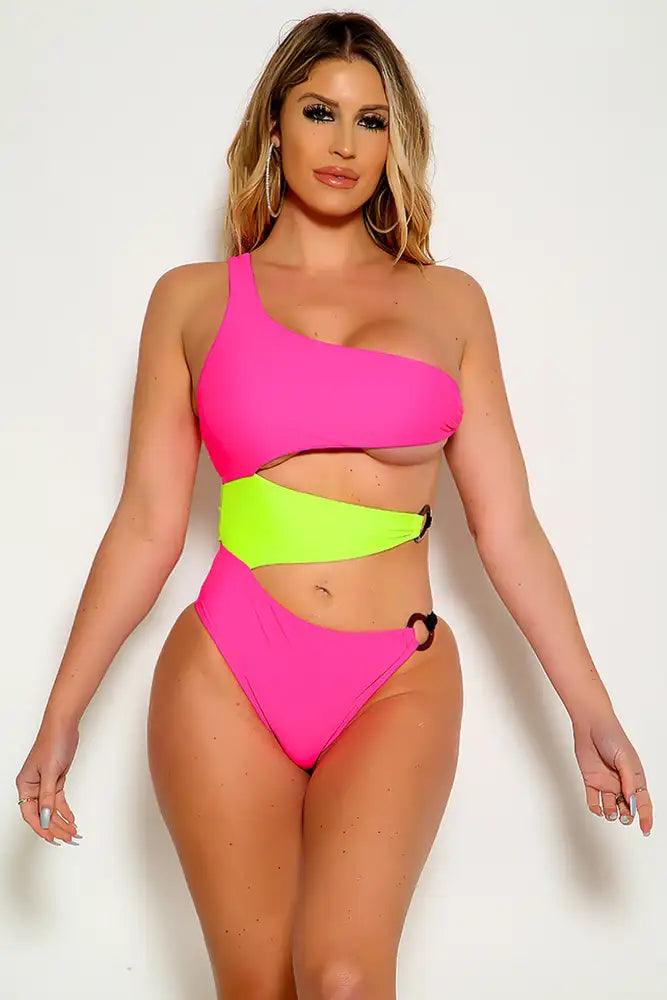 Fuchsia Lime One Shoulder Cut Out One Piece Swimsuit - AMIClubwear