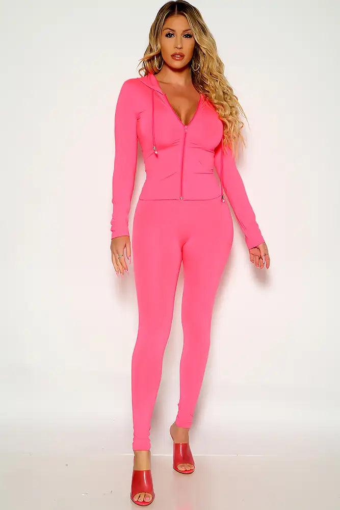 Fuchsia Long Sleeve Hooded Light Weight two Piece Outfit - AMIClubwear
