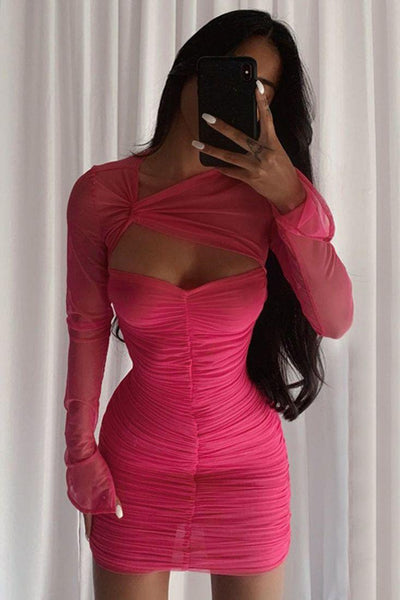Fuchsia Long Sleeve Mesh Ruched Party Dress - AMIClubwear