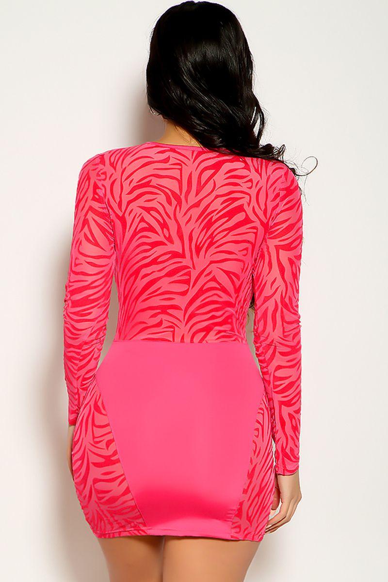 Fuchsia Long Sleeve Mesh Zebra Print Cut Out Party Dress - AMIClubwear