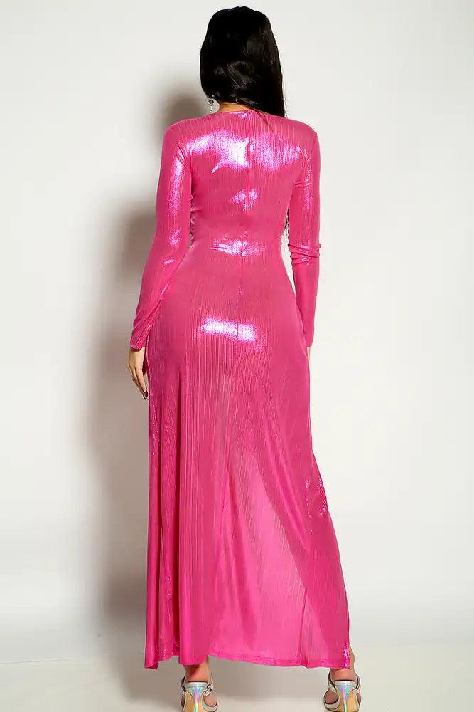 Fuchsia Long Sleeve Metallic Detail Side Slit Draped Maxi Dress - AMIClubwear