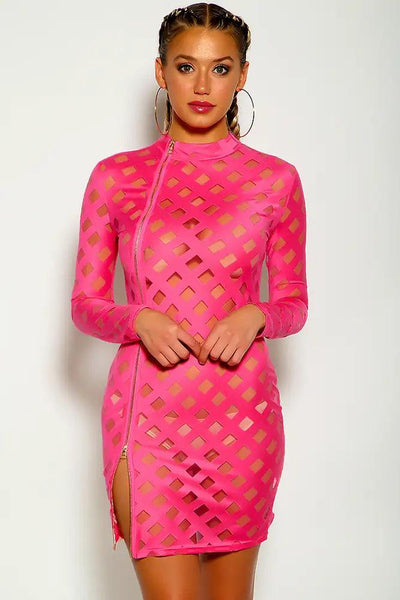 Fuchsia Long Sleeve Mock Neck Front Zipper Party Dress - AMIClubwear