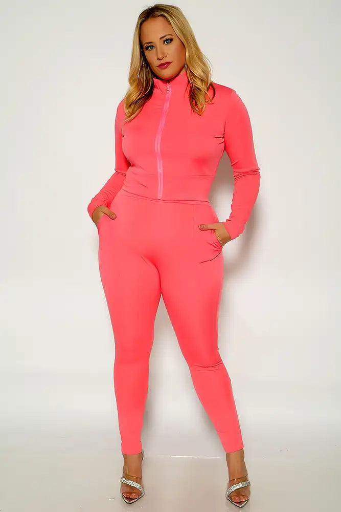 Fuchsia Long Sleeve Mock Neck Plus size Two Piece Outfi - AMIClubwear