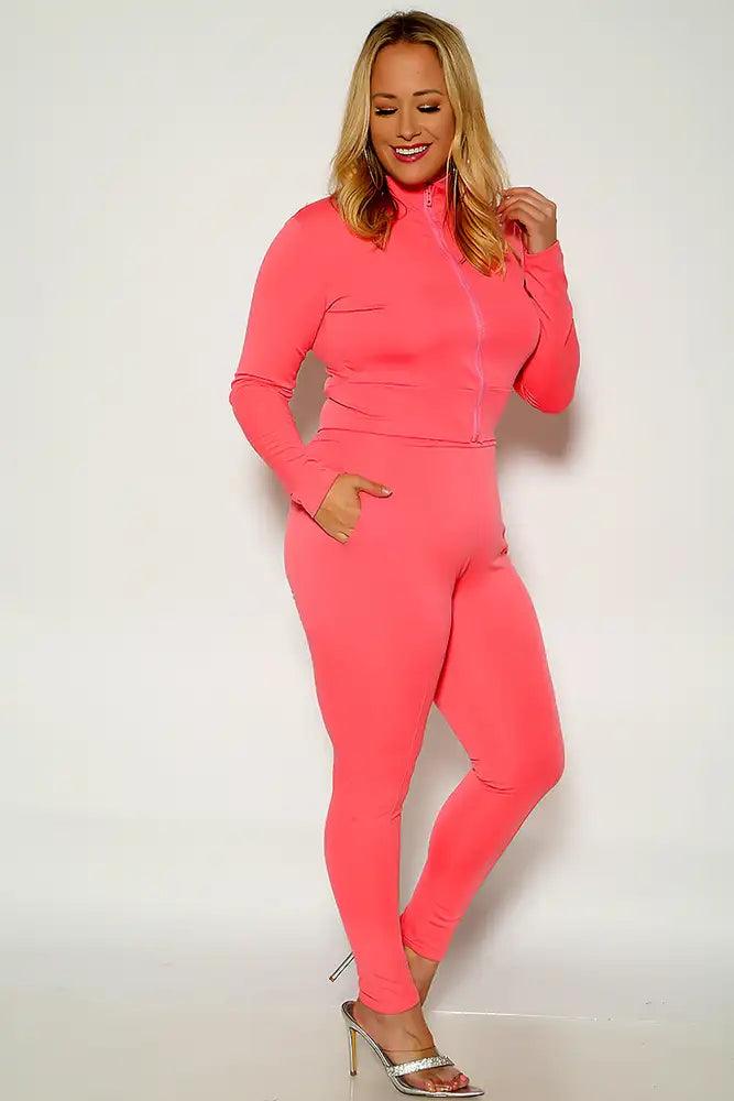 Fuchsia Long Sleeve Mock Neck Plus size Two Piece Outfi - AMIClubwear