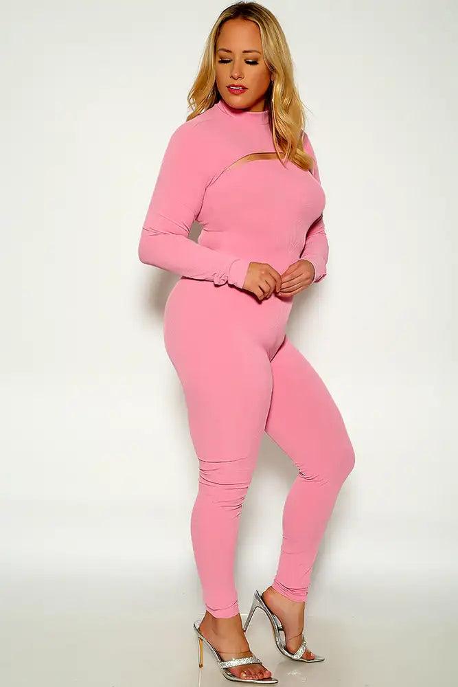 Fuchsia Long Sleeve Mock Neck Ribbed HIgh Rise Two Piece Outfit - AMIClubwear
