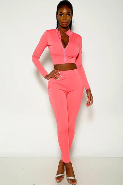 Fuchsia Long Sleeve Mock Neck Two Piece Outfit - AMIClubwear