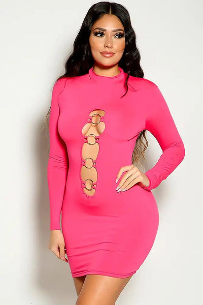 Fuchsia Long Sleeve O-Ring Detail Party DRess - AMIClubwear