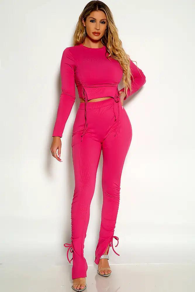 Fuchsia Long Sleeve Ribbed Two Piece Outfit - AMIClubwear