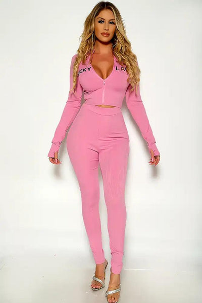 Fuchsia Long Sleeve Ribbed Two Piece Outfit - AMIClubwear