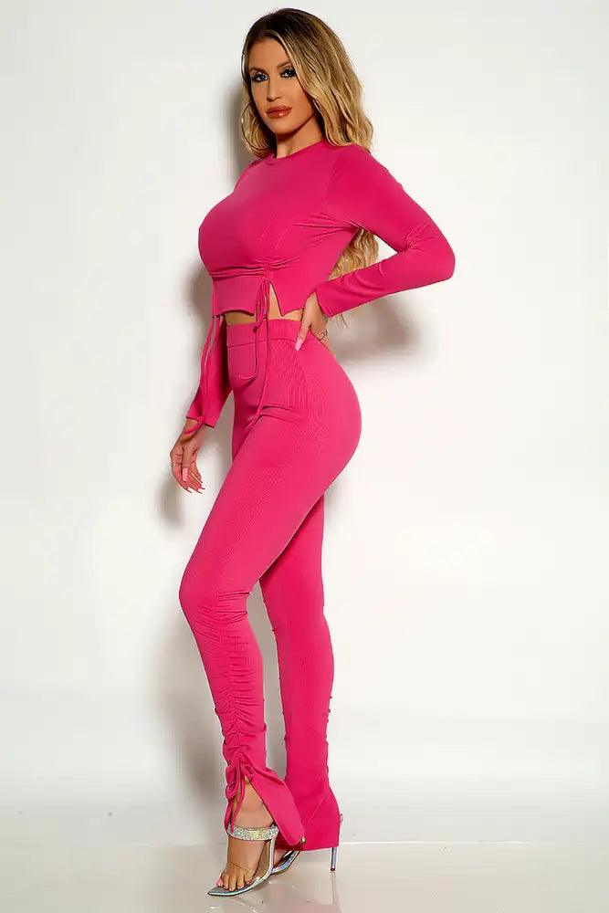 Fuchsia Long Sleeve Ribbed Two Piece Outfit - AMIClubwear