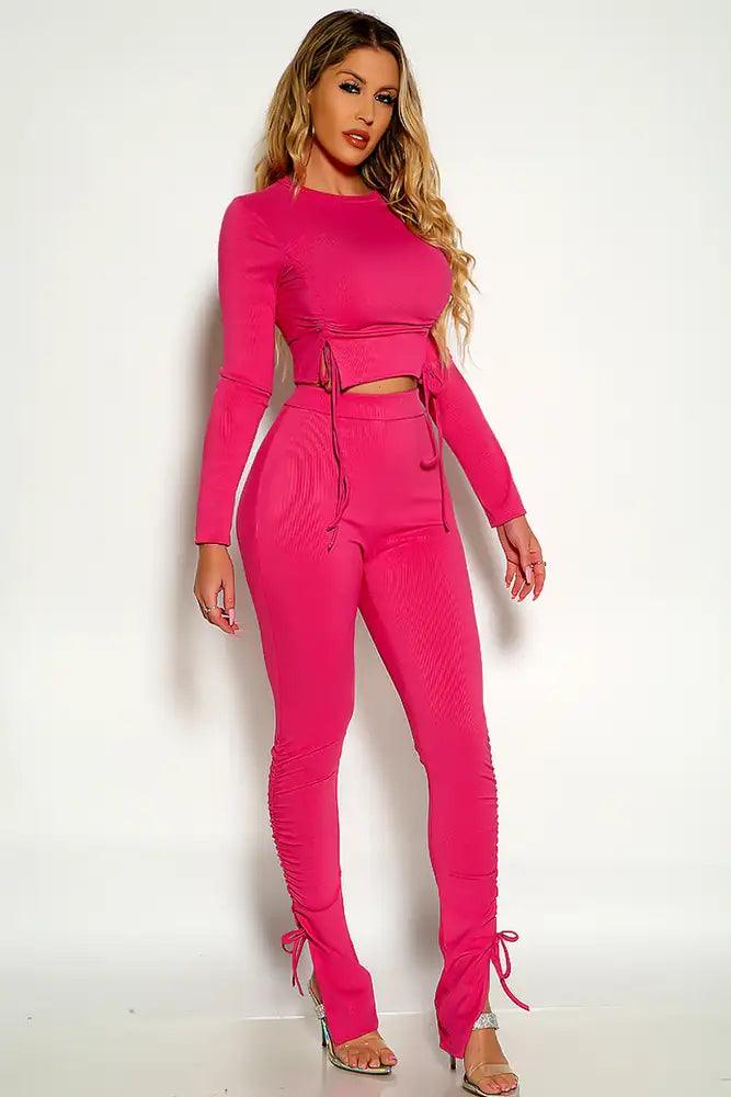 Fuchsia Long Sleeve Ribbed Two Piece Outfit - AMIClubwear