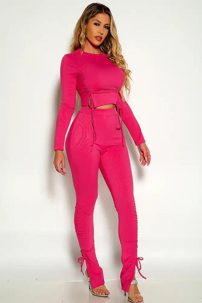 Fuchsia Long Sleeve Ribbed Two Piece Outfit - AMIClubwear