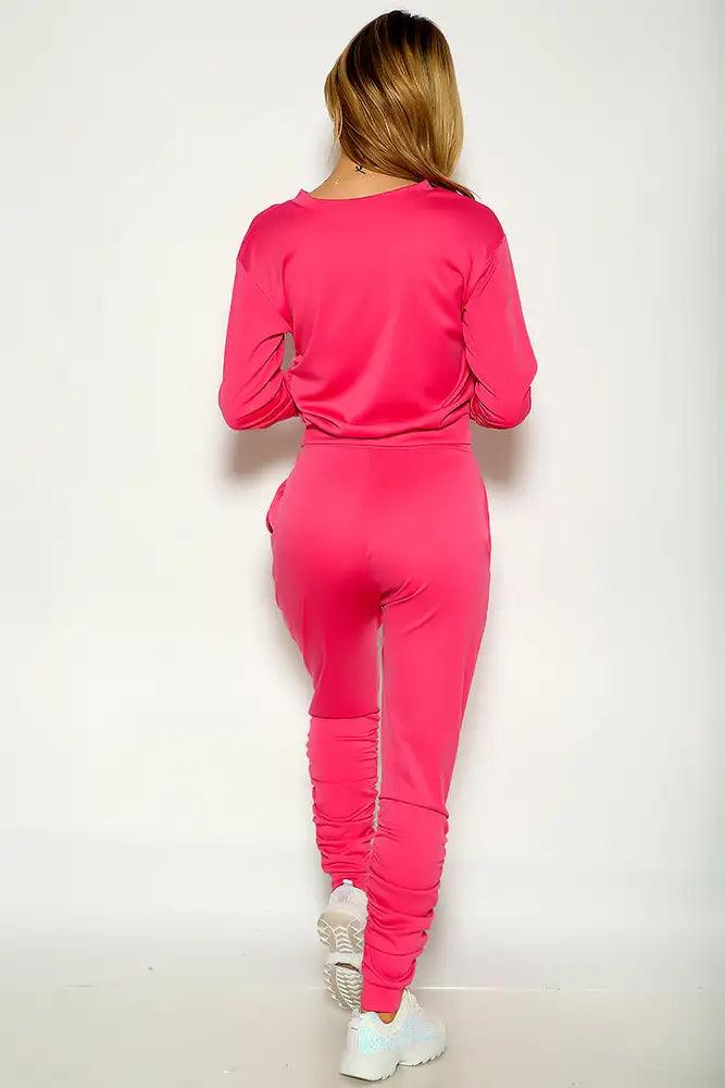 Fuchsia Long Sleeve Ruched Loungewear Two Piece Outfit - AMIClubwear