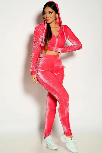 Fuchsia Long Sleeve Side Lace Up Velvet Hooded Two Piece Outfit - AMIClubwear