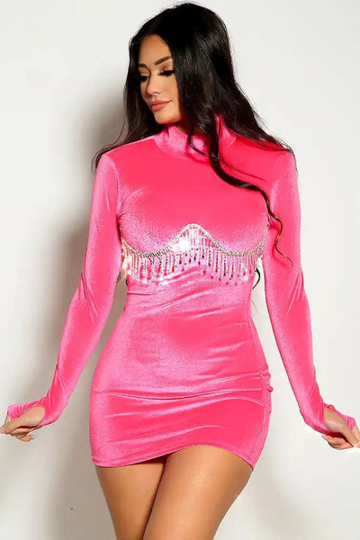 Fuchsia Long Sleeve Velvet Rhinestone Fringe Party Dress - AMIClubwear