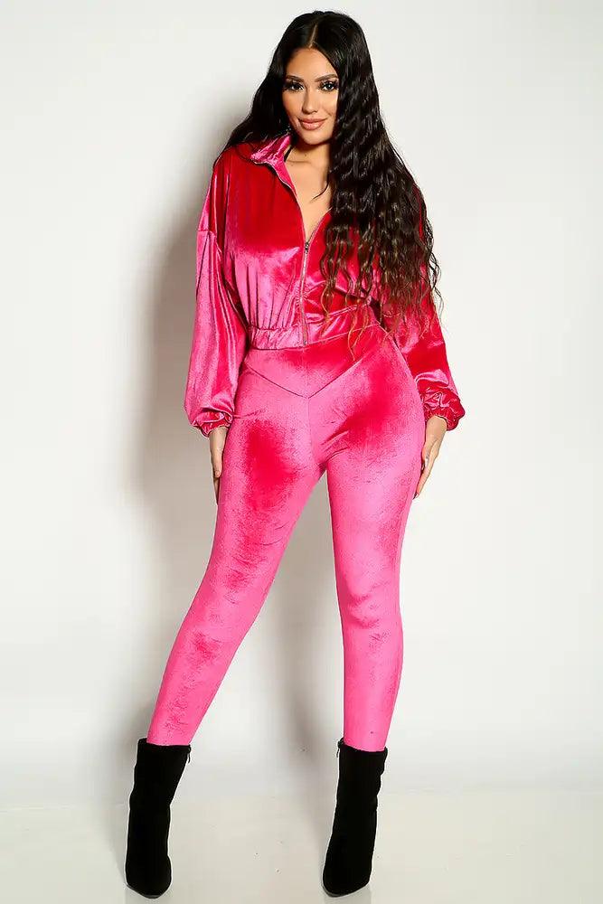 Fuchsia Long Sleeve Velvet Two Piece Loungewear - AMIClubwear