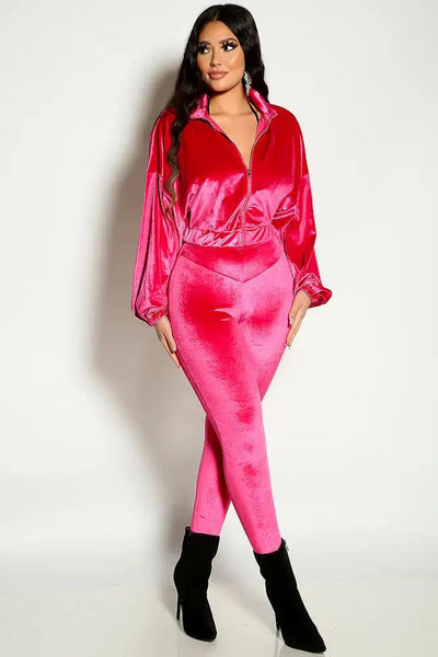 Fuchsia Long Sleeve Velvet Two Piece Loungewear - AMIClubwear