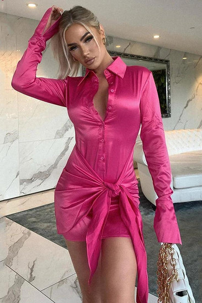 Fuchsia Long Sleeves Satin Party Dress - AMIClubwear