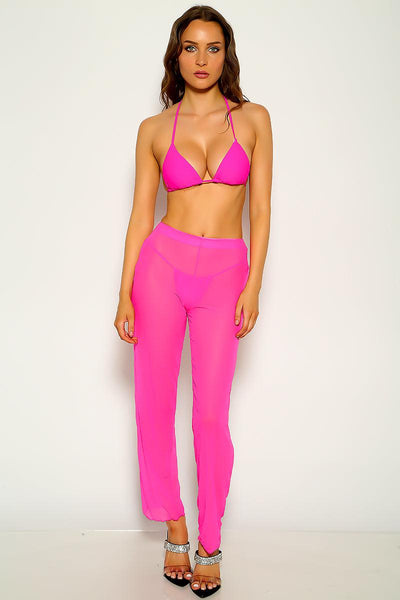 Fuchsia Mesh Halter Sexy Three Piece Swimsuit - AMIClubwear