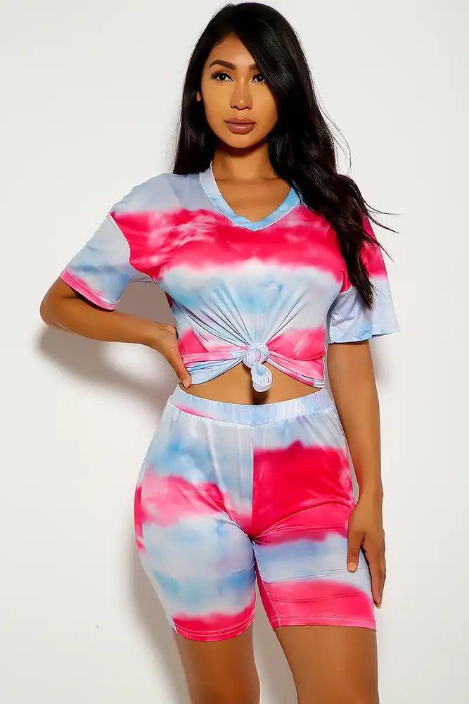 Fuchsia Multi Tie Dye Short Sleeve 2 Piece Outfit Lounge Wear - AMIClubwear