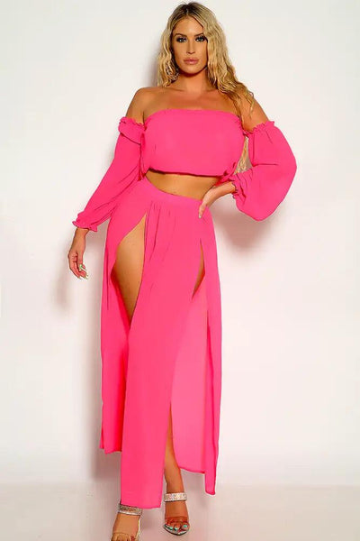 Fuchsia Off The Shoulder Cropped Maxi Two Piece Dress - AMIClubwear